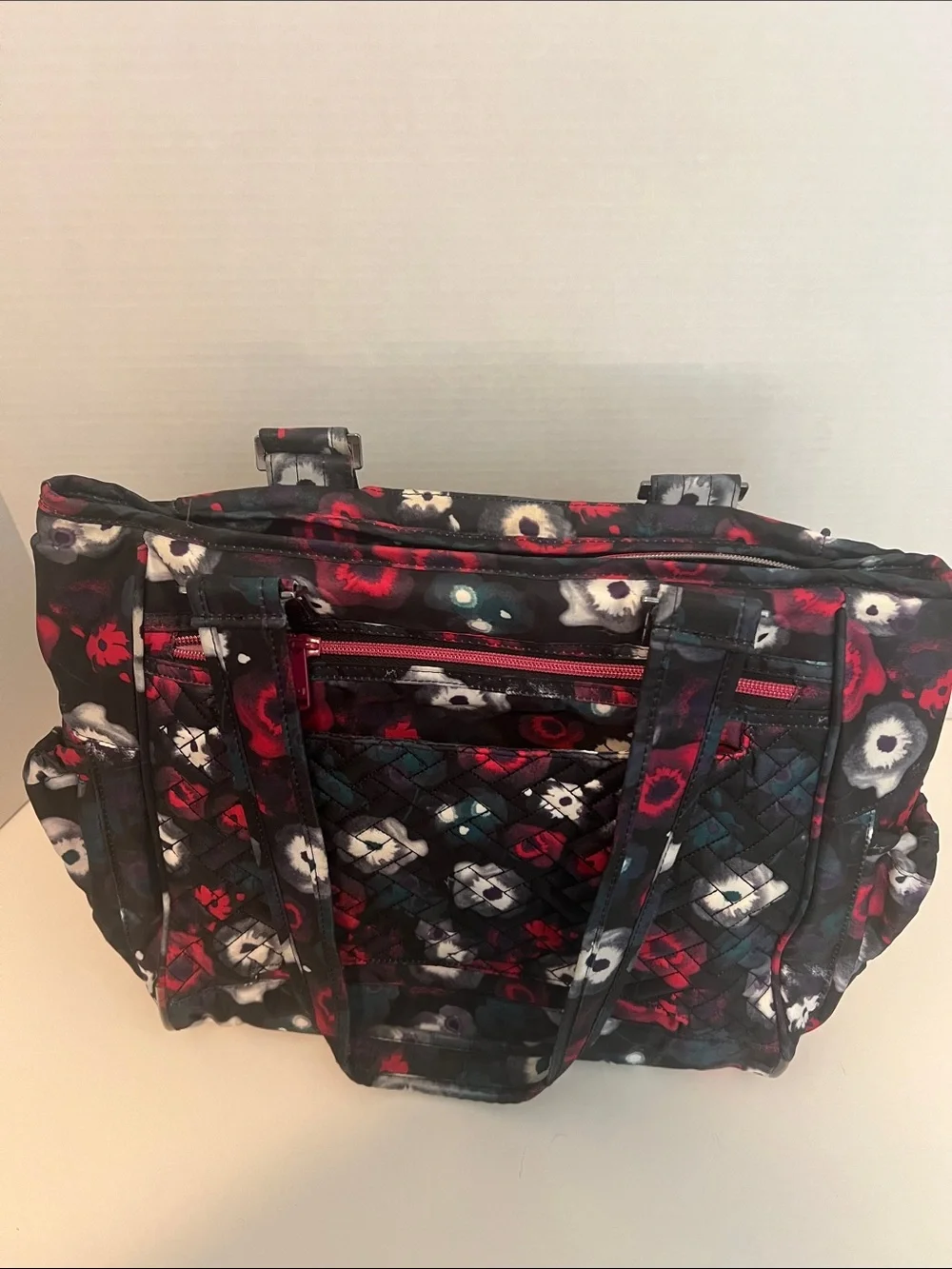 Lug Quilted Watercolor Floral Pattern Tote in Black, Pink, white and some blue - Picture 5 of 8